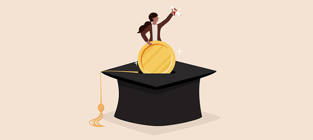 Illustration of a woman emerging from an academic mortar board