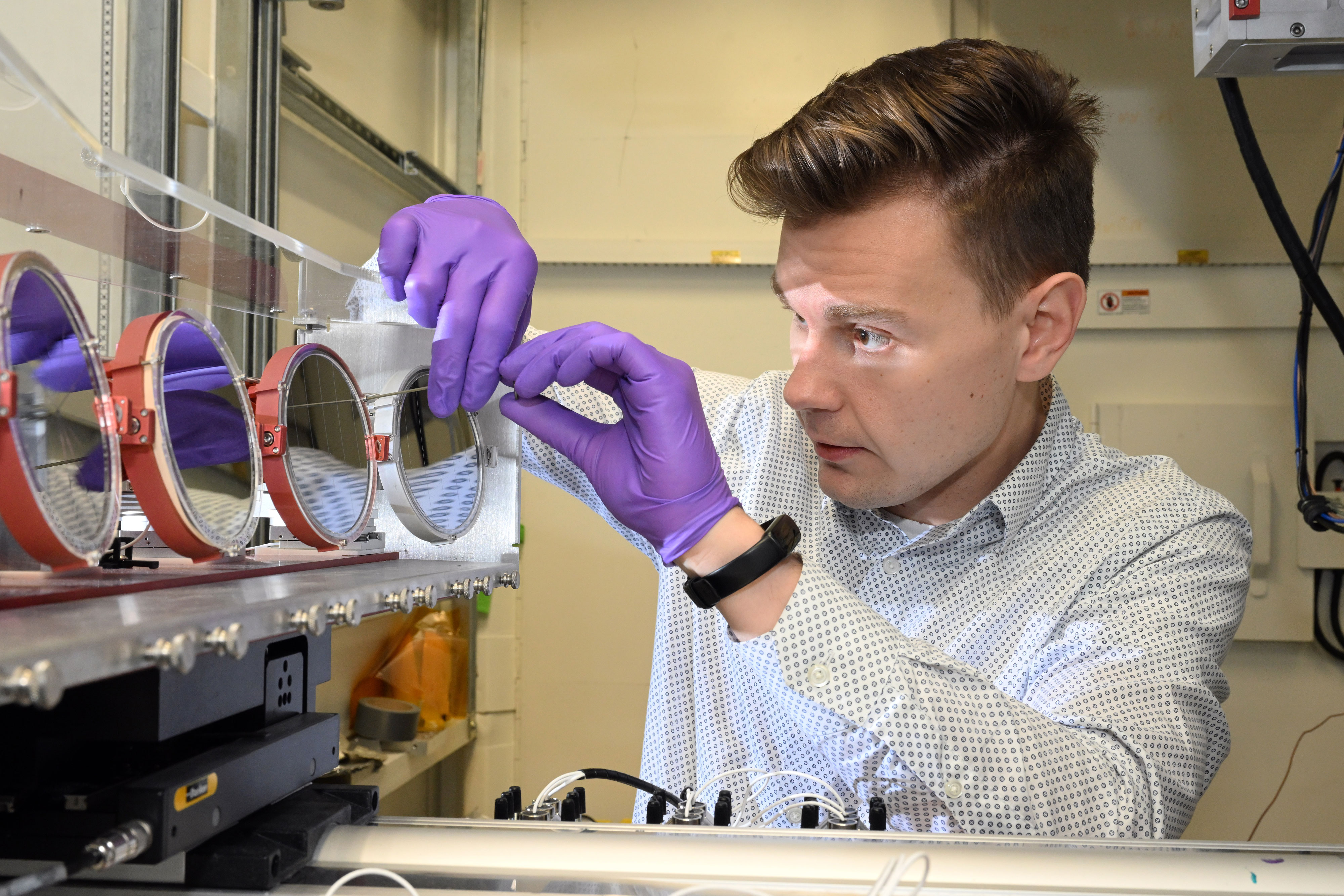 Beamline scientist Denis Leshchev aligning the new high-resolution x-ray spectrometer at the Inner-Shell Spectroscopy (ISS) beamline at NSLS-II.