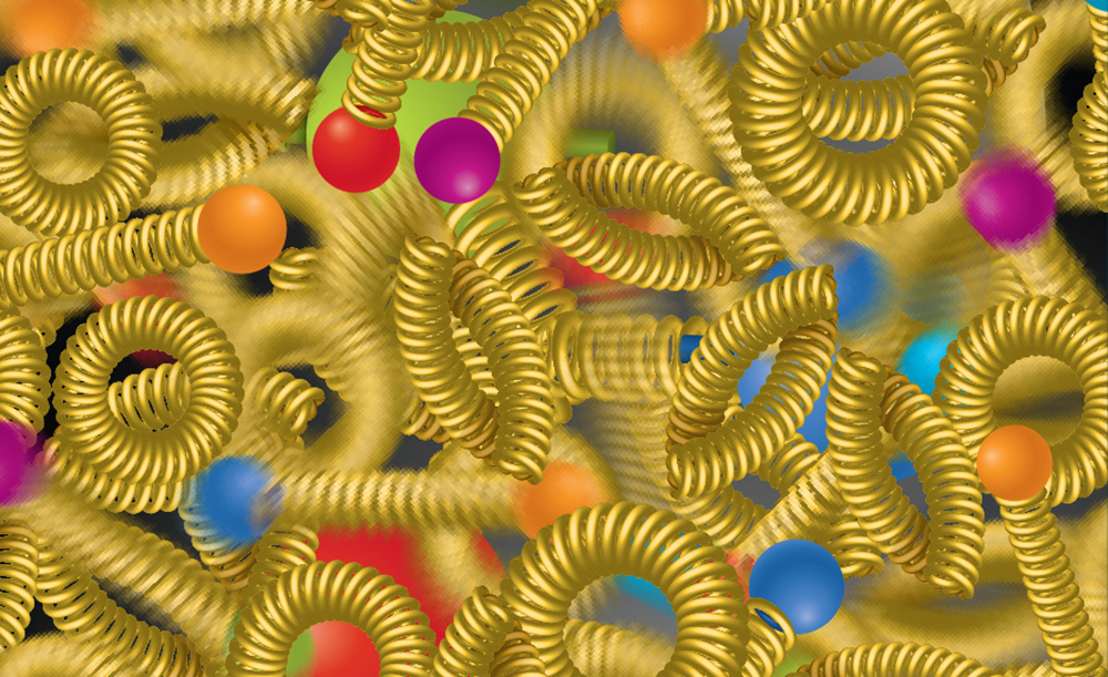 Abstract image of golden spiral springs scattered with colorful spheres