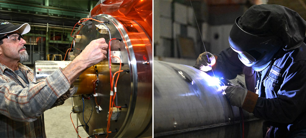 Workers prepare a replacement magnet