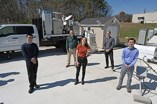 Zeen Zhu, Edward Luke, Katia Lamer, Pavlos Kollias, and Fan Yang pose in front of observatory