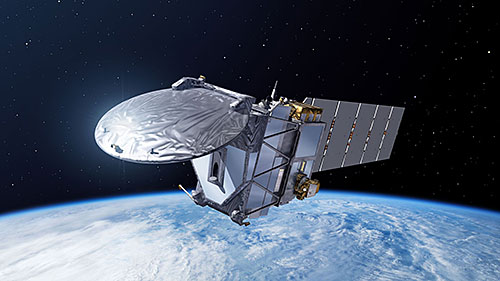Illustration showing the Earth Cloud, Aerosol and Radiation Explorer (EarthCARE) satellite in orbit
