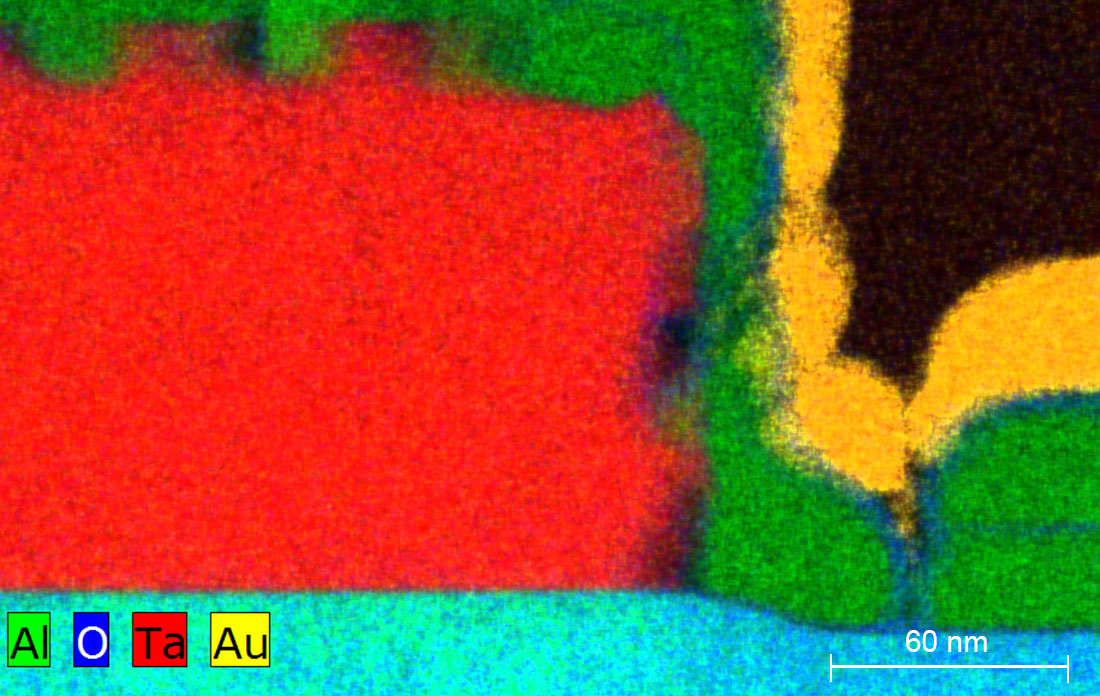 Microscopy image shows there is no oxide between the tantalum (red) and aluminum (green)