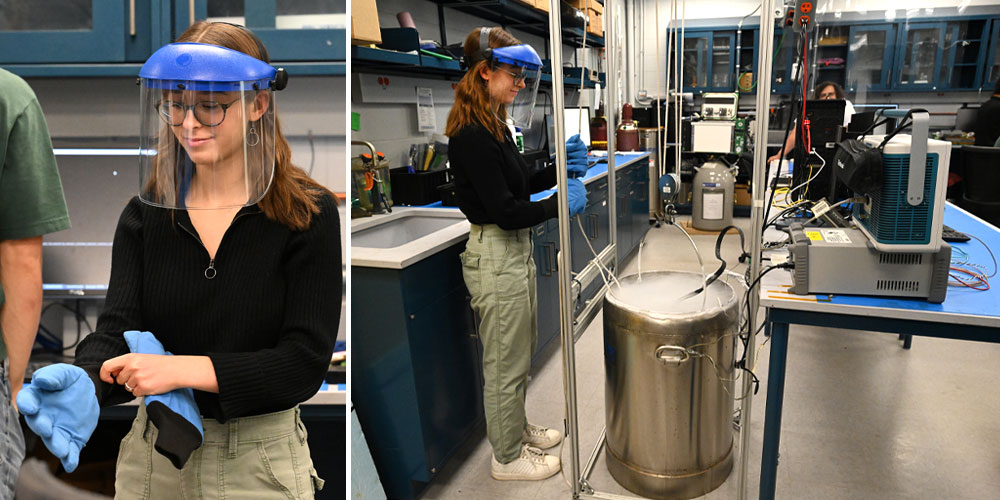 Left: A young woman in a black, long-sleeved top and green cargo pants pulls on protective gear: a b