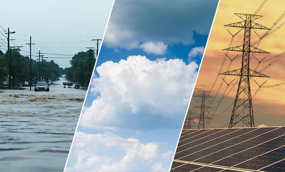 Side-by-side photos of a car driving down a flooded road, clouds againsta blue sky, and power lines