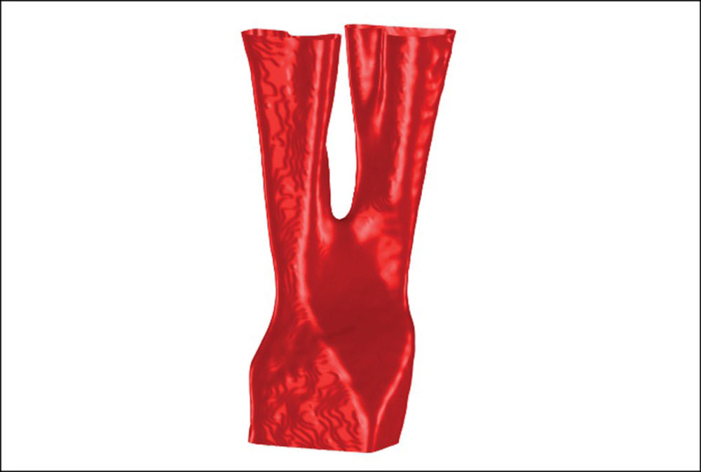 3D reconstruction of an Al3Ni crystal, shown in a red vertical cylindrical shape, splits into two ab