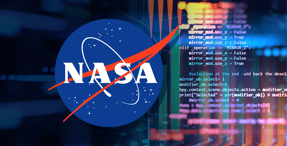 Photo of NASA logo over computer code