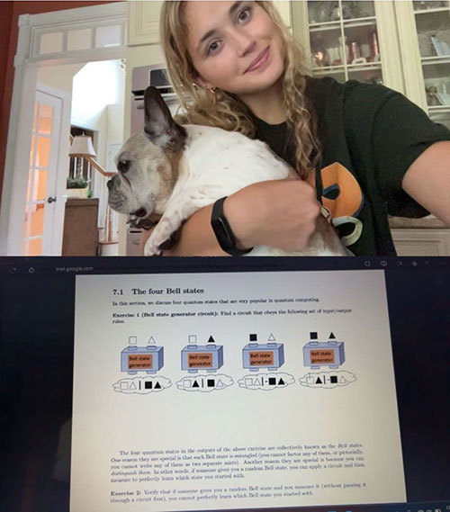 Student holding a dog behing a laptop screen displaying coursework