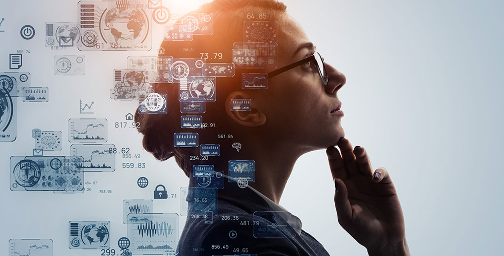 A woman wearing glasses thinking with diagrams overlayed over the image