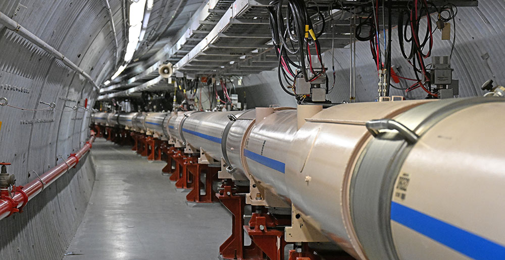 View of the interior of the Relativistic Heavy Ion Collider tunnel with a central cylindrical tube,