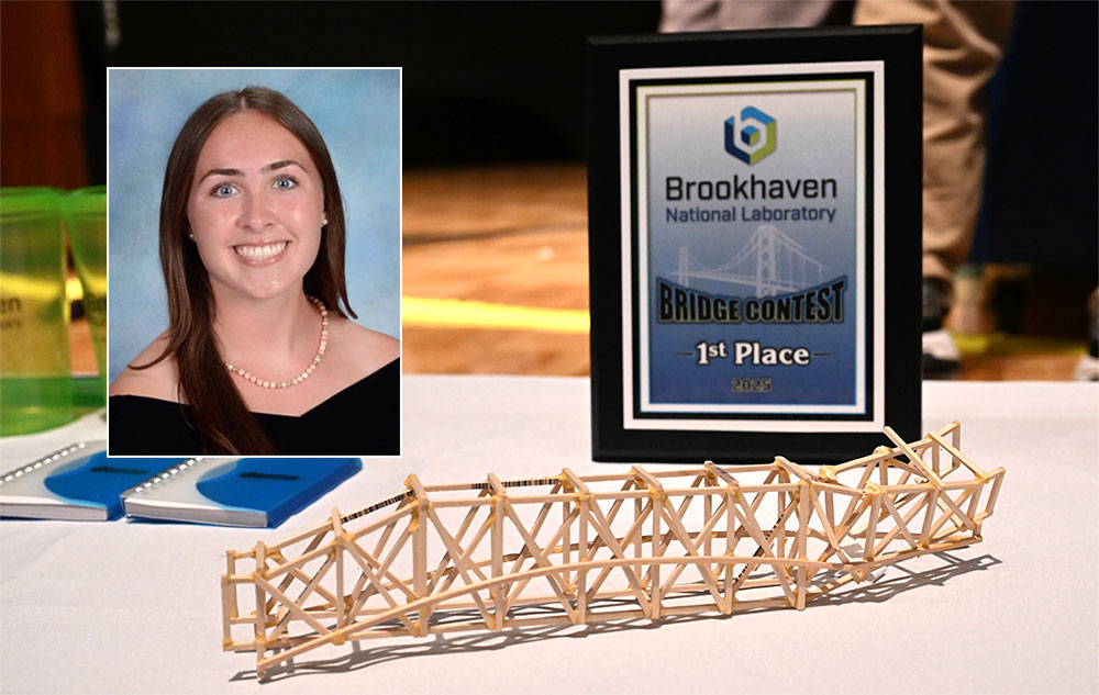 Portrait of Mairead Carroll inset on a photo of the competition-winning bridge