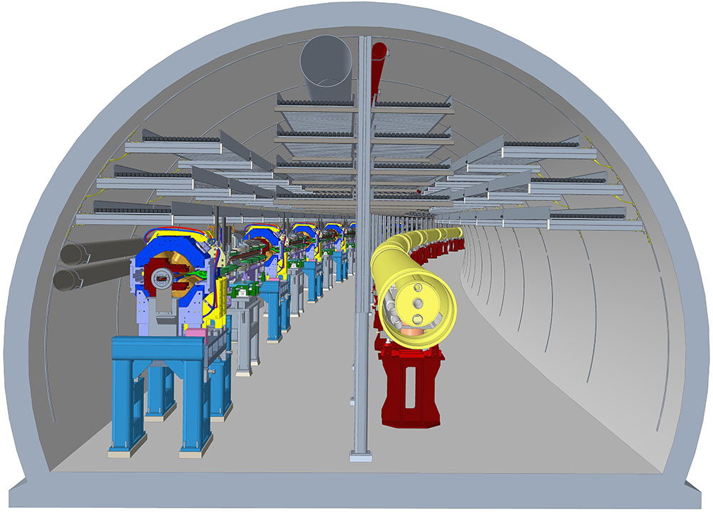 A cutaway rendering of the EIC tunnel shows magnet equipment and yellow ion storage tube