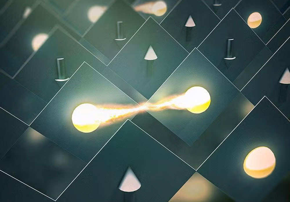 Illustration depicts an unexpectedly strong attraction between electrons in neighboring lattice site