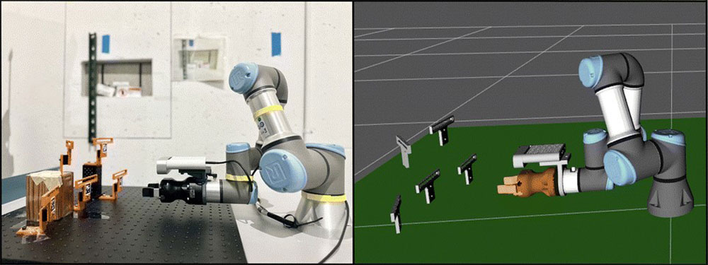 Simulated image of robot arm next to real image of experiment