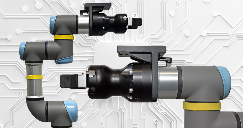 Image of a robot gripper arm over a white circuit board background