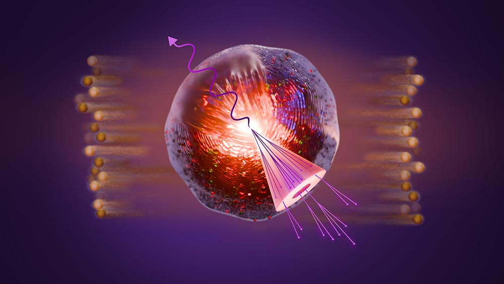 Artistic depiction of quark-gluon plasma with a vibrant fireball, jet spray, photon, and colliding i