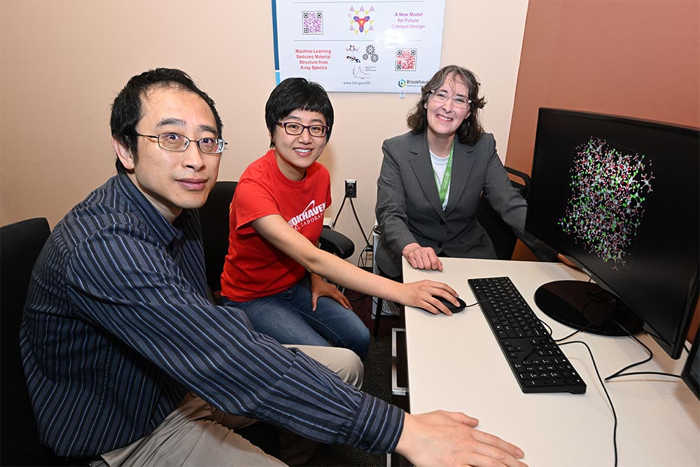 Three people at a desk with a computer screen displaying a molecular model, with a poster on the wal