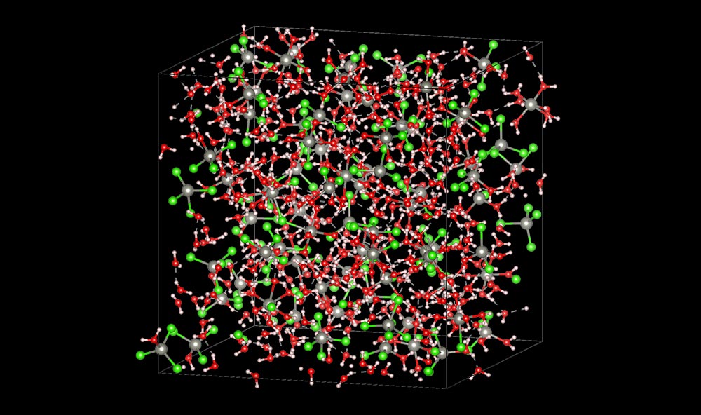 3D molecular model of ions interacting with water molecules.