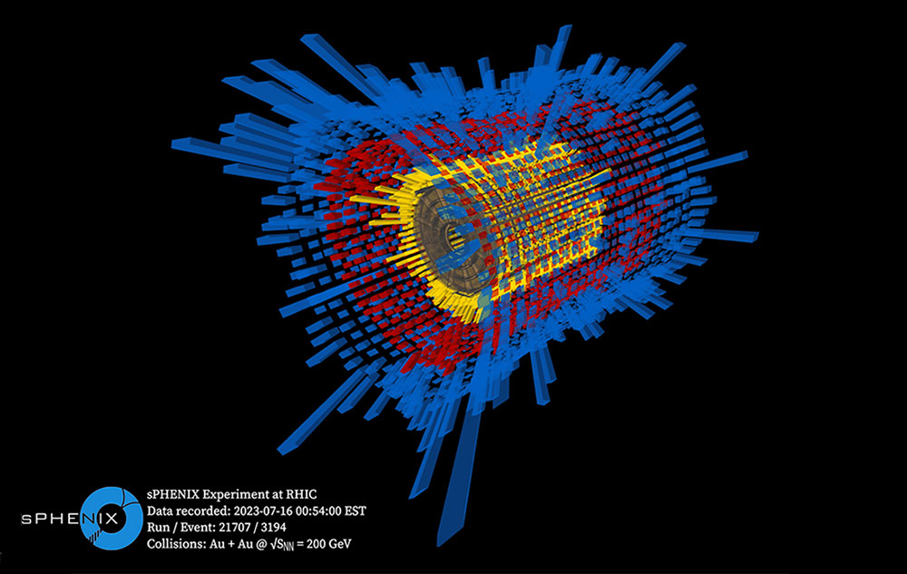 Visualization of signals from a gold-gold collision at RHIC, showing colorful bars radiating from a