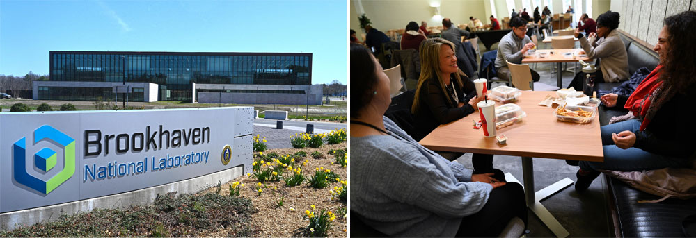 Side by side images of Brookhaven Lab's main gate with support building in the background, and