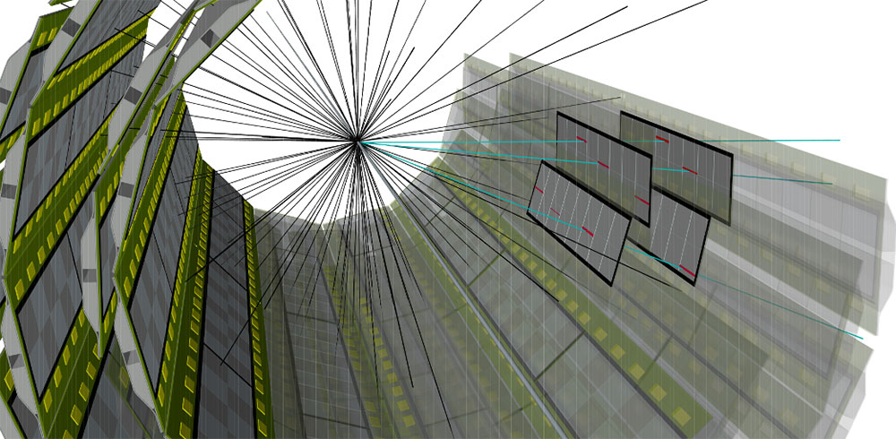 A cross-section view of sPHENIX showing tracks of particles produced in a head-on gold-gold collisio