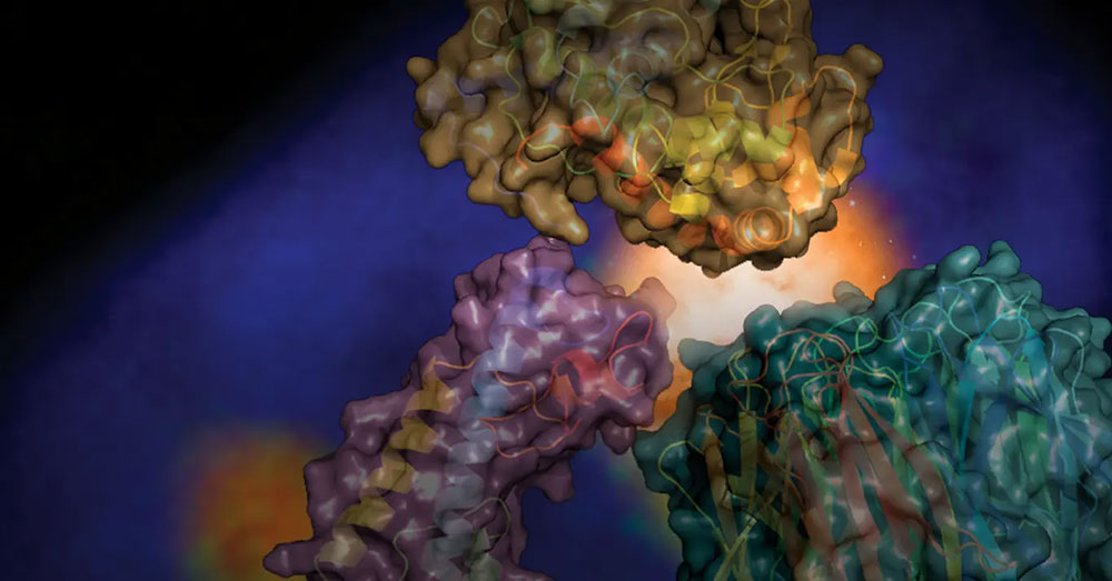 A 3D rendering of a protein complex with multicolored structures against a dark blue background, dep