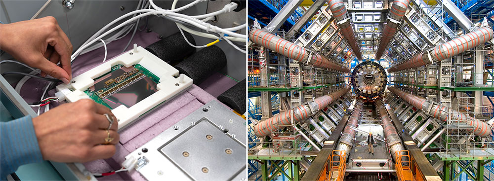 Side-by-side images of up-close detector components and a wide view of the ATLAS detector
