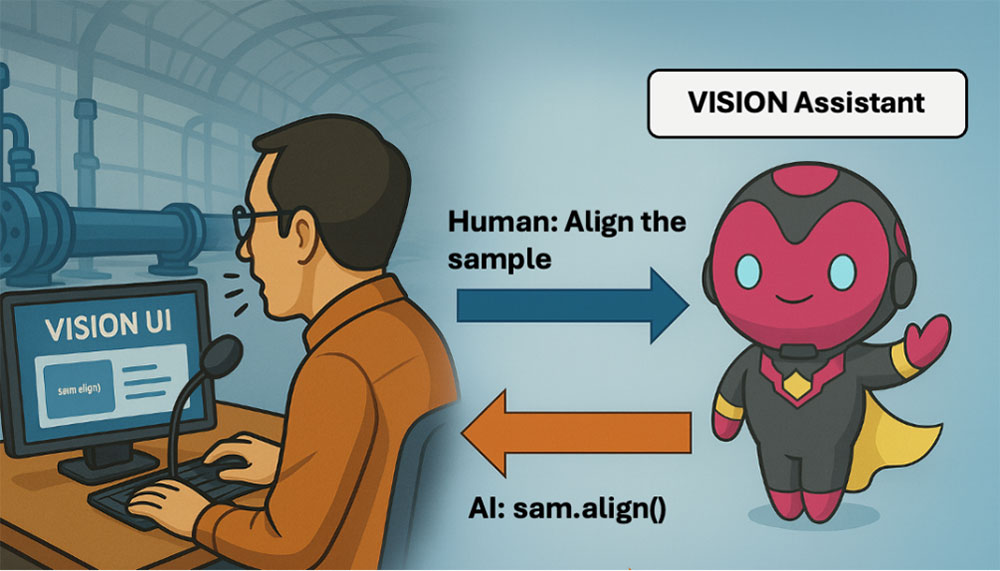 A man uses a computer with "VISION UI" next to a cartoon superhero labeled "VISION As