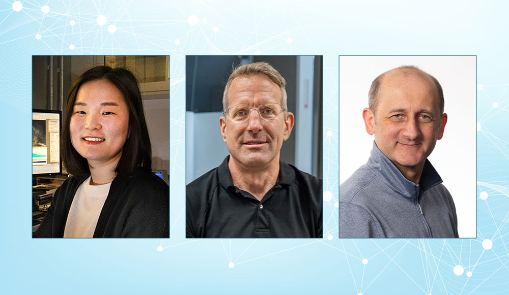 Headshot portraits of Sooyeon Hwang, Kim Kisslinger, and Dmytro Nykypanchuk over a light blue abstra