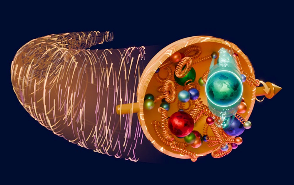 Graphic showing the transverse motion of a quark (green sphere) inside a proton whose spin is aligne