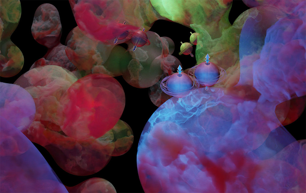 Artistic depiction of energy fields and quark/antiquark pairs in a quantum environment.