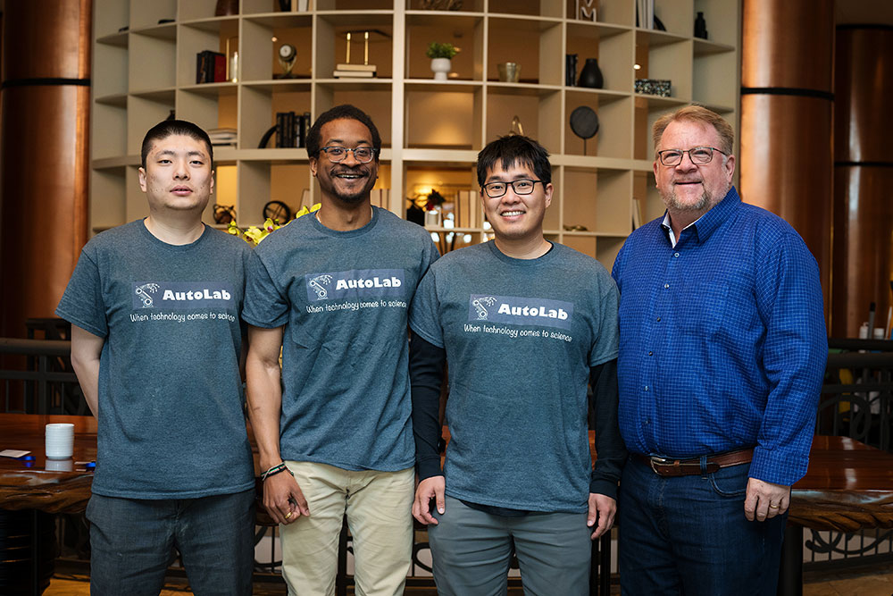 Scientists Yutao Li (left), Raymond Blackwell, and Huandong Chen, and their industry mentor Michael 