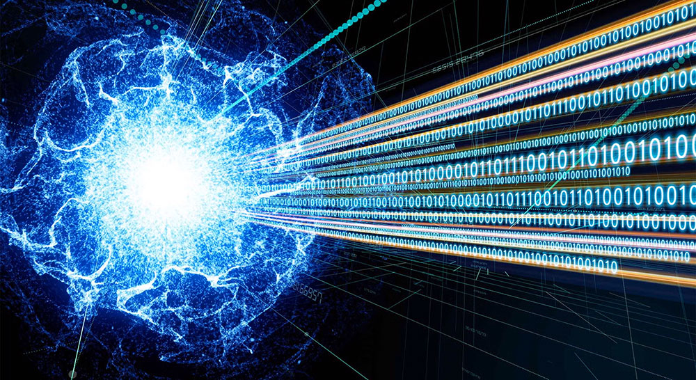 Quantum computing concept illustration with a burst of blue light and string of 0s and 1s