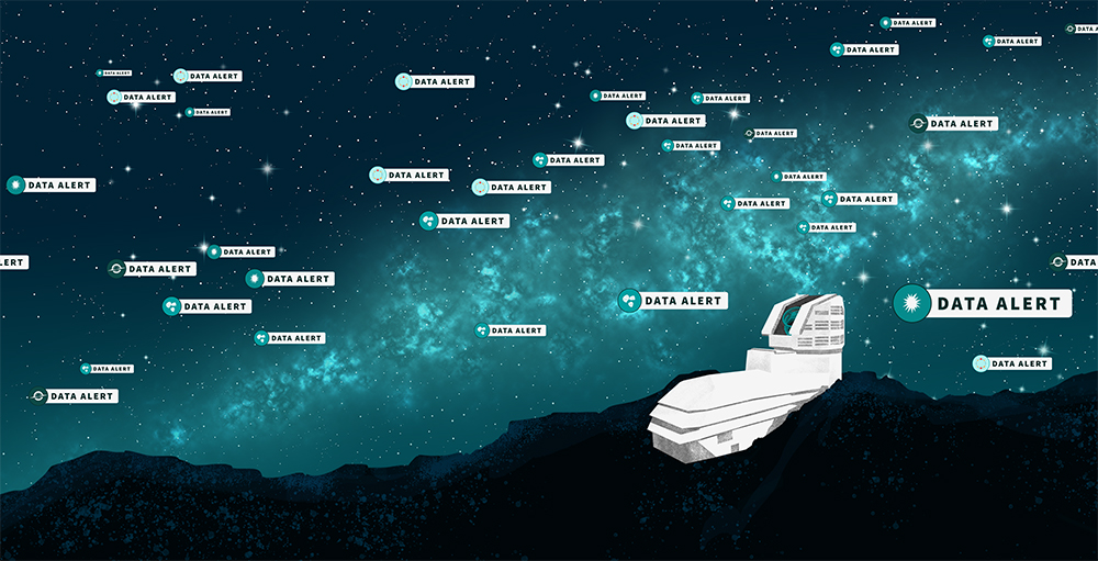 This artist's illustration represents the start of the alert stream from NSF&ndash;DOE Vera C.