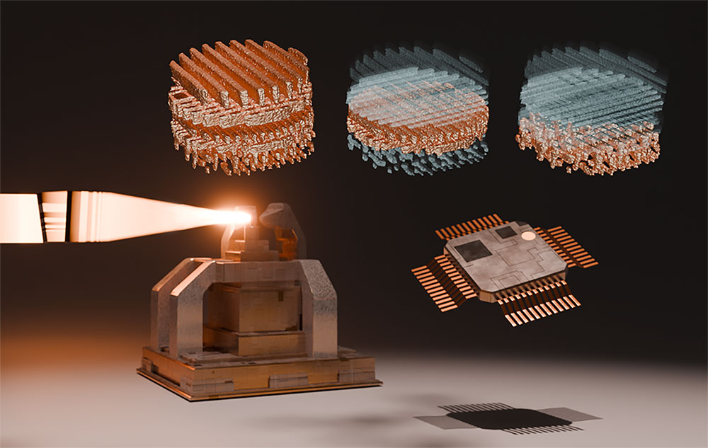 illustration shows multilayer Laue lenses within the microscope focusing incoming X-rays on the micr