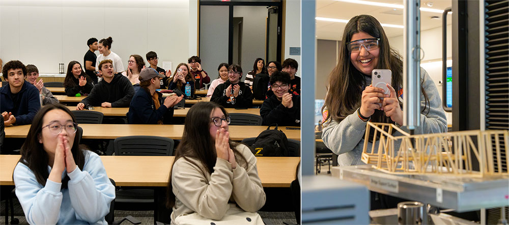 Students watched with anticipation as the competition's testing machine slowly crushed bridges