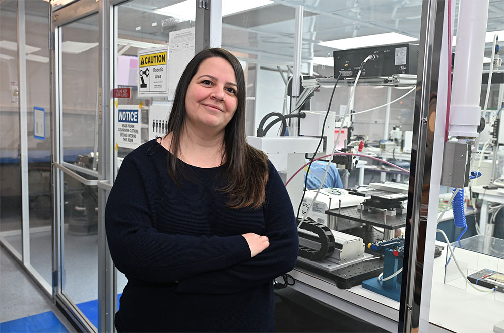 Stefania Stucci outside the ATLAS ITk assembly cleanroom at Brookhaven Lab