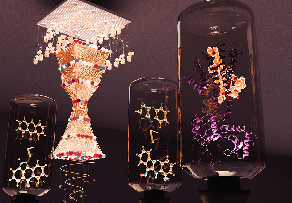 Illustration of AI exploring molecular structures to aid design of new drugs and advanced materials