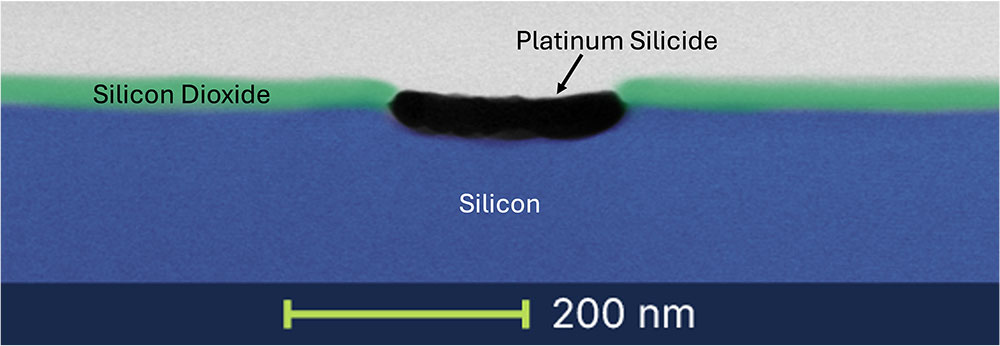 False-color TEM image of a platinum silicide nanowire formed on silicon beneath a silicon dioxide la