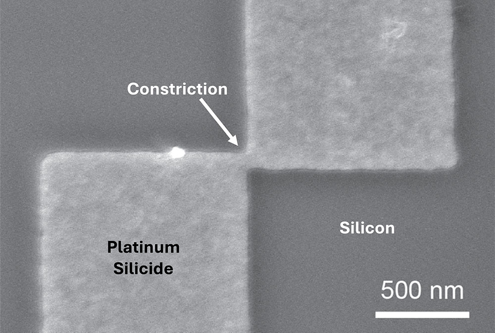 Scanning electron microscope image of a SQUID device showing platinum silicide layers connected by a