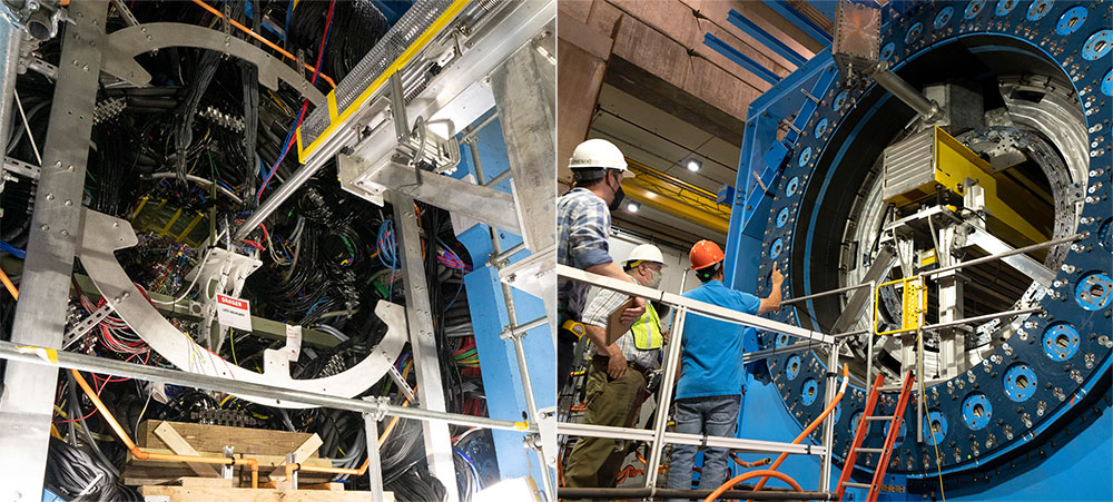 Two images show the sPHENIX detector interior and its outer hadronic calorimeter ring during constru