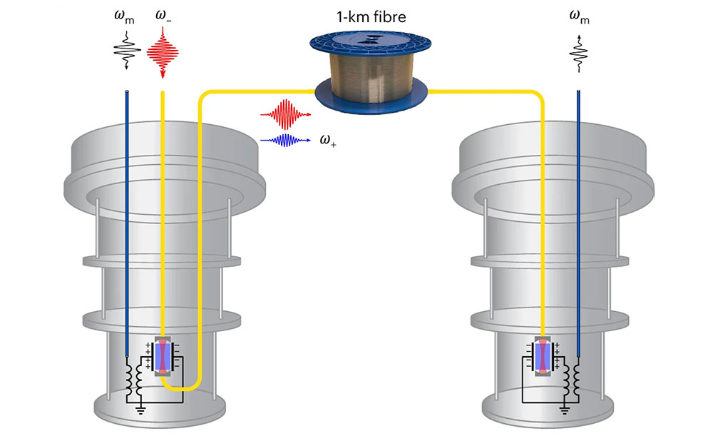 Illustration of a one-kilometer-long photonic link connecting superconducting circuits in two diluti
