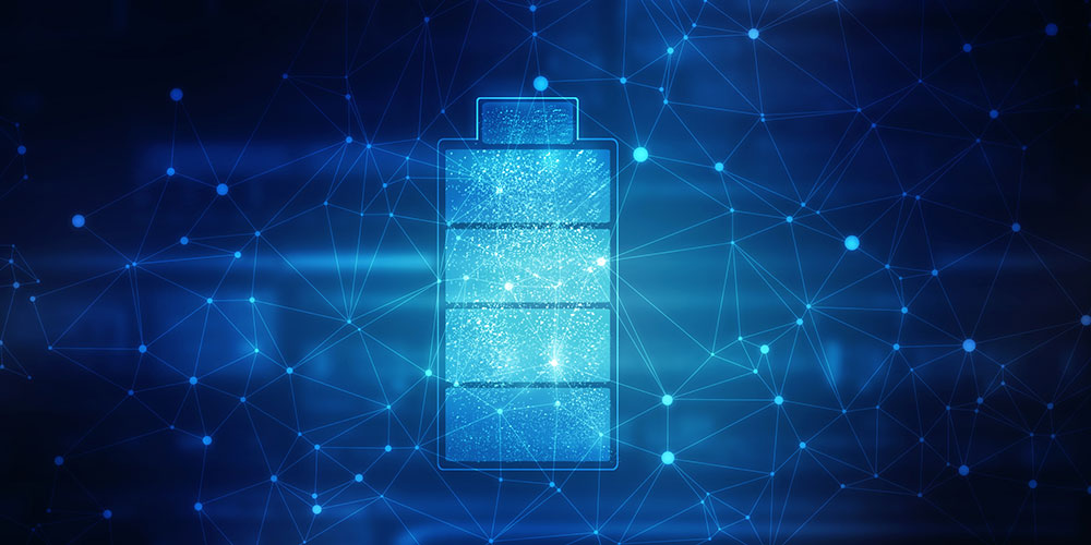 digital illustration shows a glowing battery icon centered against a blue background filled with int