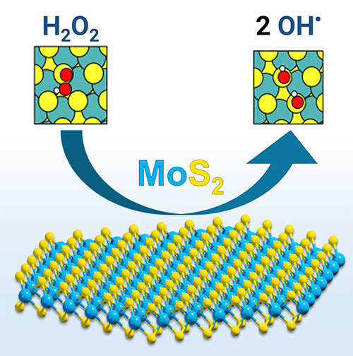 Image shows how the catalyst &mdash; made of regularly arrayed molybdenum (blue) and sulfur (yellow)