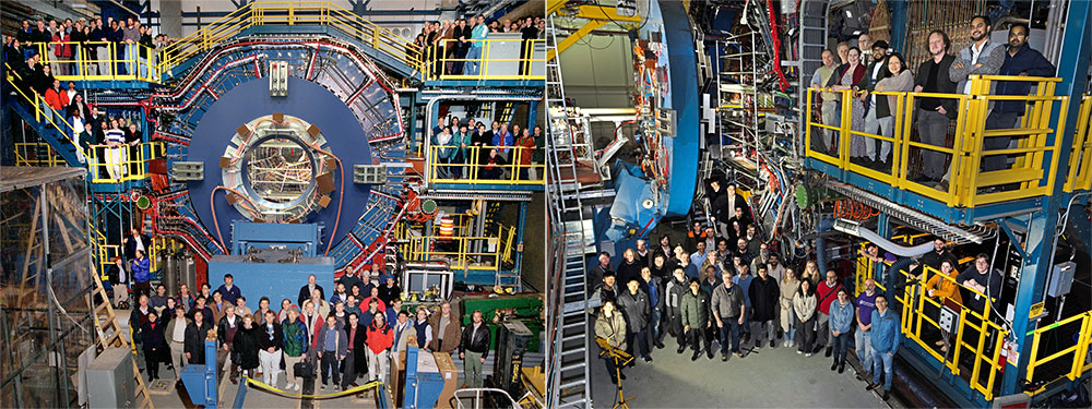 Side-by-side images of STAR collaboration members at the detector in 1999 and 2026