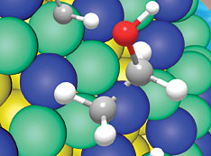 A close-up of the platinum/iridium (green/blue) shell over a gold nanoparticle core (yellow),