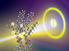 Illustration of x-rays resonating with sulfur atoms in a polymer
