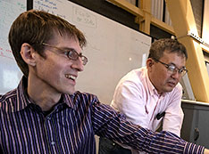 Photo of Kevin Yager (front) and Masafumi Fukuto at Brookhaven Lab's National Synchrotron Light