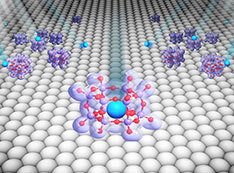 A representation of silica nanocages on a thin film of ruthenium trapping atoms of xenon (blue).