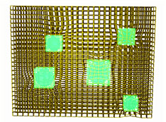 Illustration of light-emitting diodes made from perovskite nanocrystals (green) embedded in a metal-